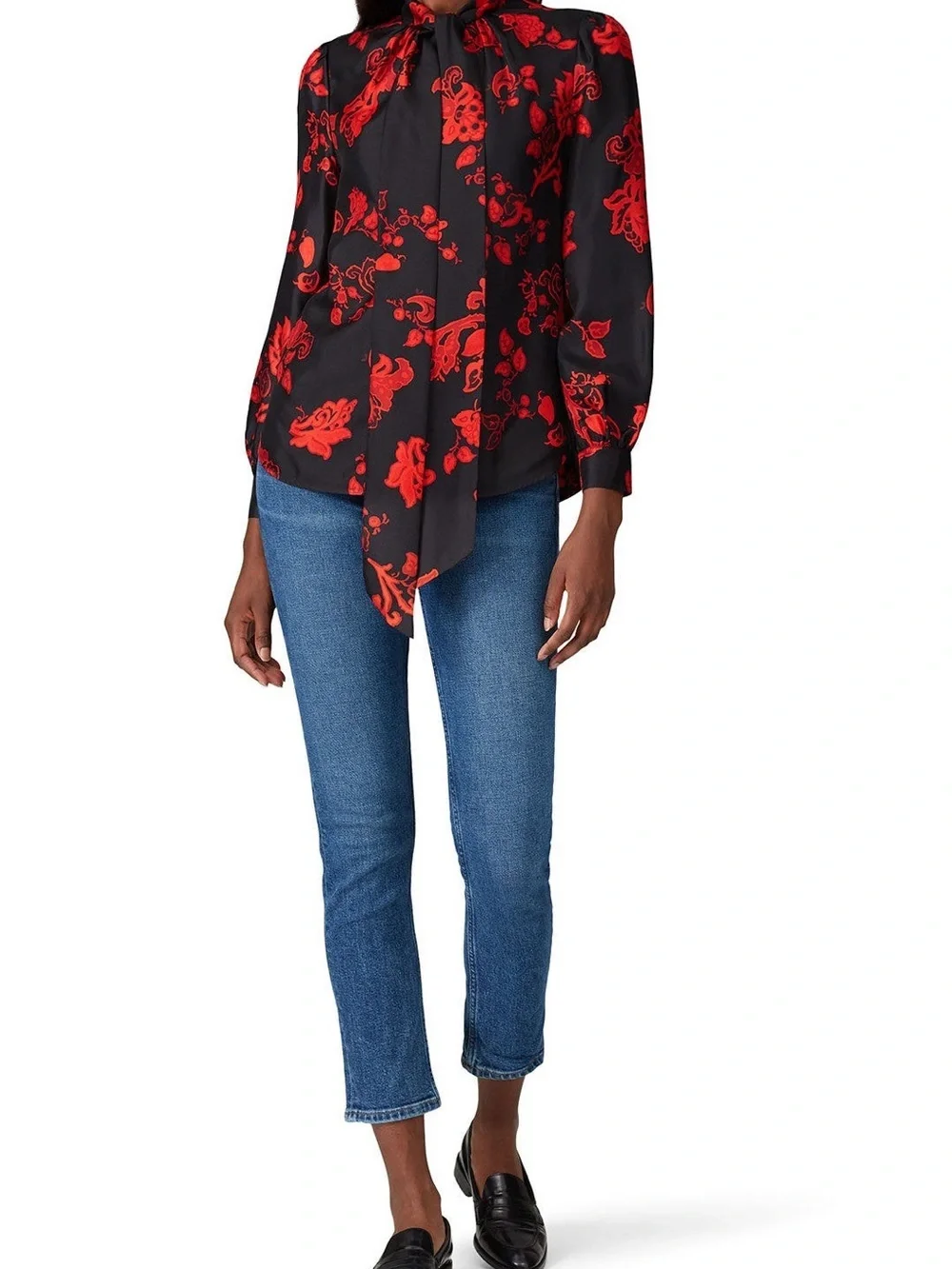 Tory Burch Black Blouse with Red Floral Tie-Neck